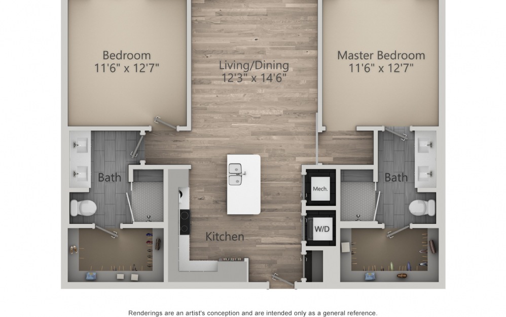 2L-A ALT - 2 bedroom floorplan layout with 2 baths and 1012 to 1056 square feet. (2D)
