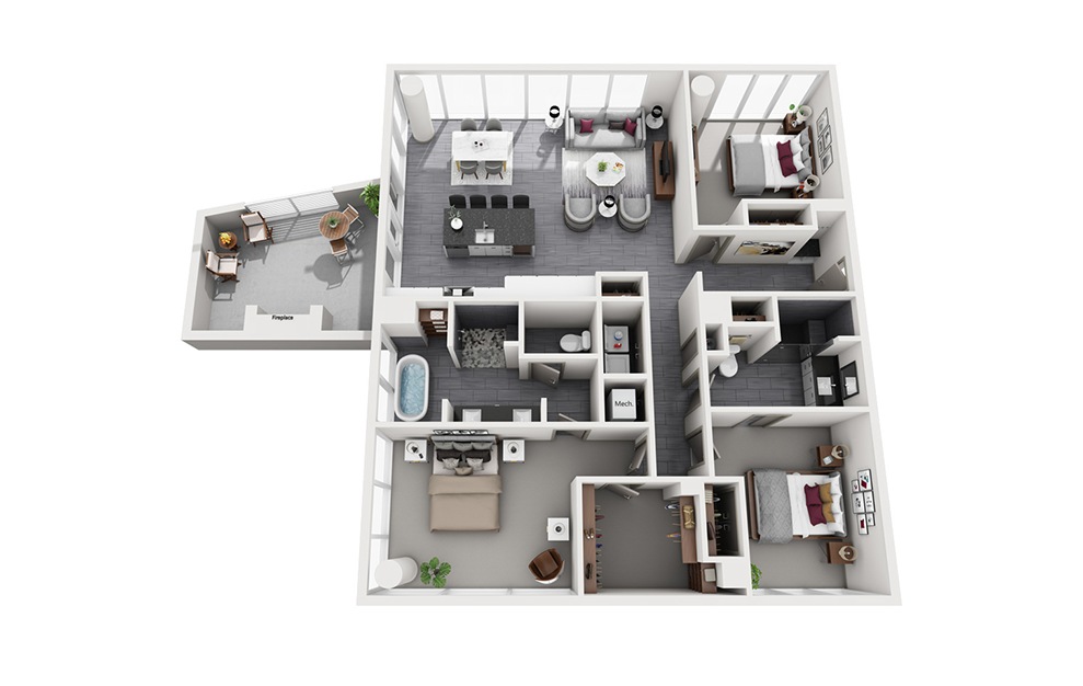 Manhattan - 3 bedroom floorplan layout with 2 baths and 1691 square feet. (3D)