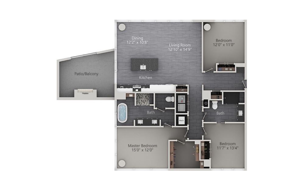 Tower - Manhattan - 3 bedroom floorplan layout with 2 baths and 1691 square feet. (2D)