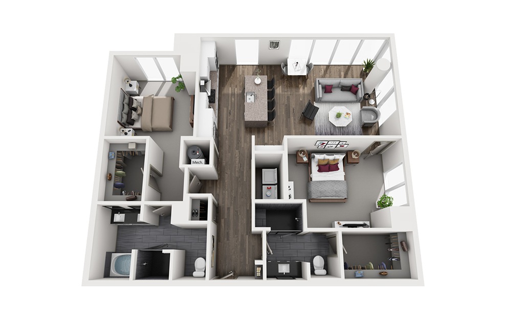Sazerac - 2 bedroom floorplan layout with 2 baths and 1401 square feet. (3D)