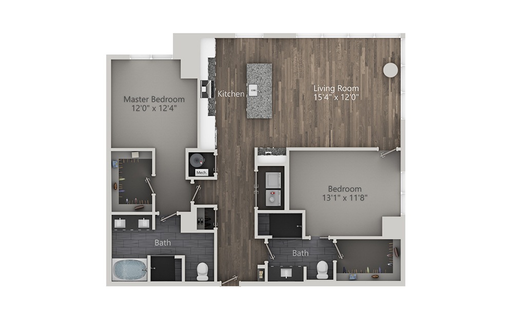Sazerac - 2 bedroom floorplan layout with 2 baths and 1401 square feet. (2D)