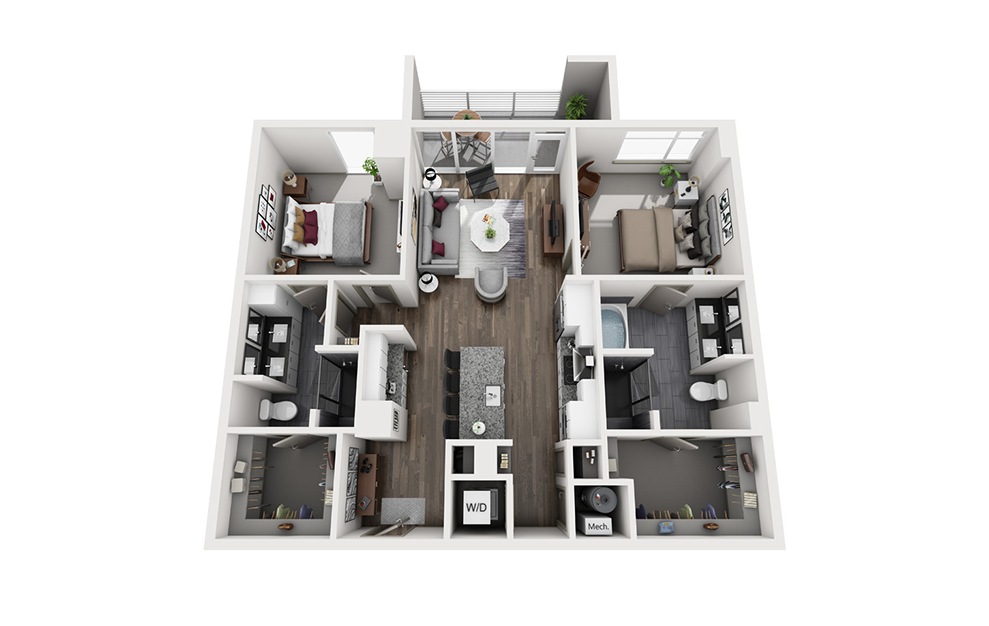 Vesper - 2 bedroom floorplan layout with 2 baths and 1207 square feet. (3D)