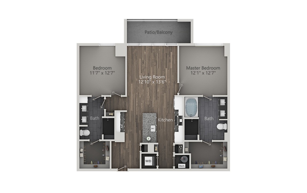 Vesper - 2 bedroom floorplan layout with 2 baths and 1207 square feet. (2D)