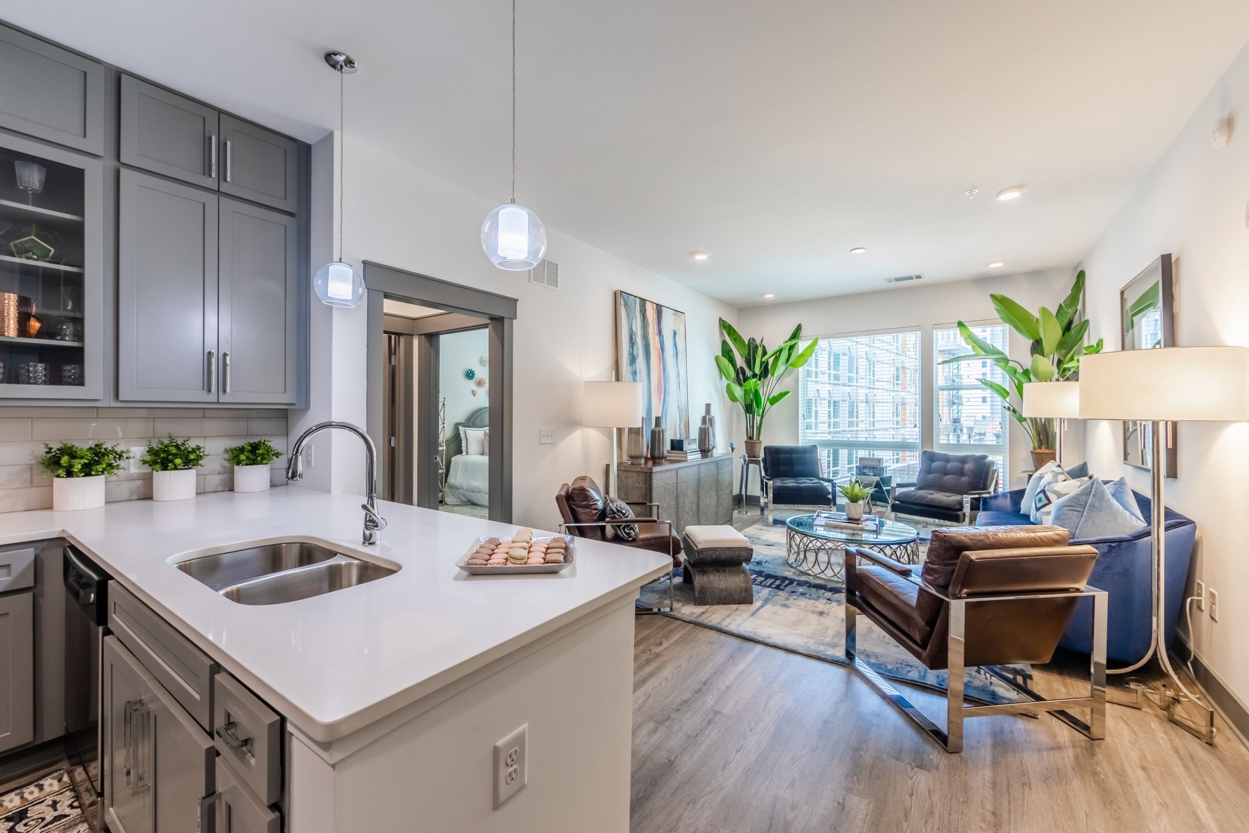 Uptown 550 spacious apartment interior with kitchen island and open floor plan