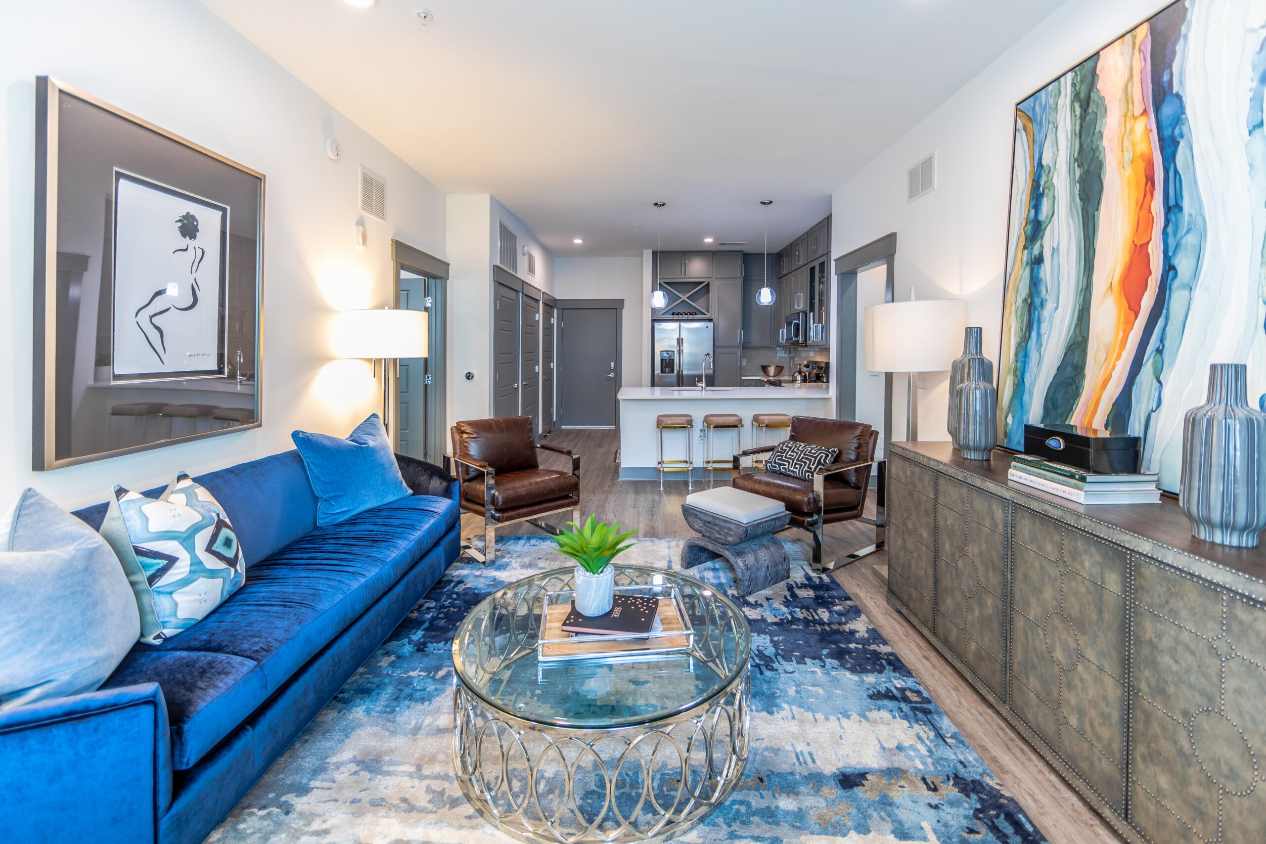 Uptown 550 on Brooklyn Tower unit bedroom with panoramic view and modern furnishings